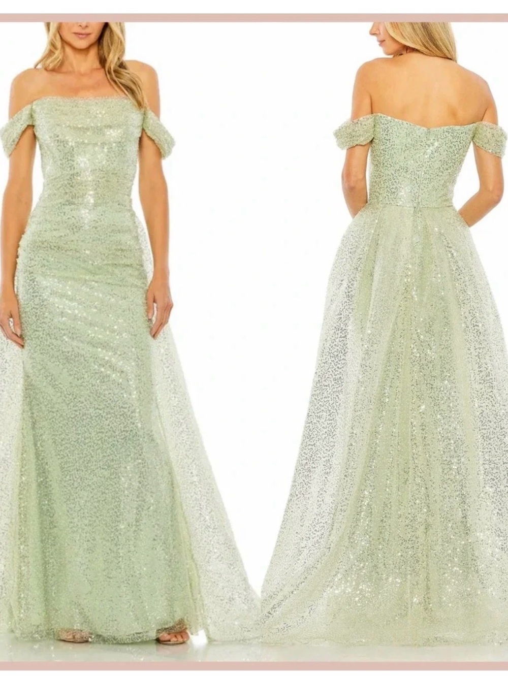 Mac Duggal Mint Green Off-Shoulder Sequin Maxi Gown